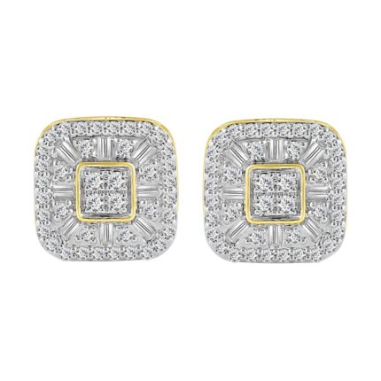 LADIES STUD EARRINGS 1.00CT ROUND/BAGUETTE DIAMOND 10K YELLOW GOLD
