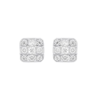 LADIES EARRINGS 1CT ROUND/PRINCESS DIAMOND 14K WHITE GOLD